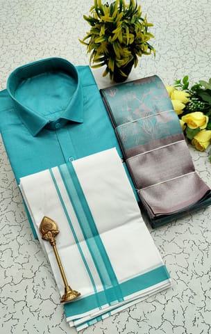 Elite Bridal Pick & Pick Fancy Kupera Silk Sarees & Cotton Shirt With Silk Cotton Dothi Matching Set - Teal