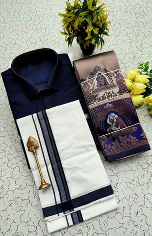 Elite Bridal Pick & Pick Fancy Kupera Silk Sarees & Cotton Shirt With Silk Cotton Dothi Matching Set - Midnight Blue