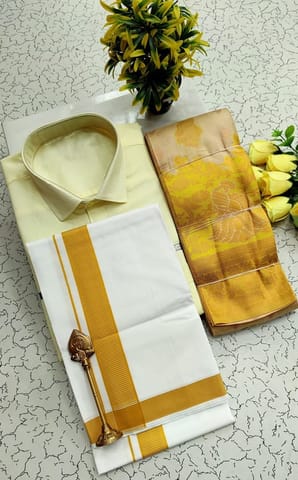 Elite Bridal Pick & Pick Fancy Kupera Silk Sarees & Cotton Shirt With Silk Cotton Dothi Matching Set - Yellow