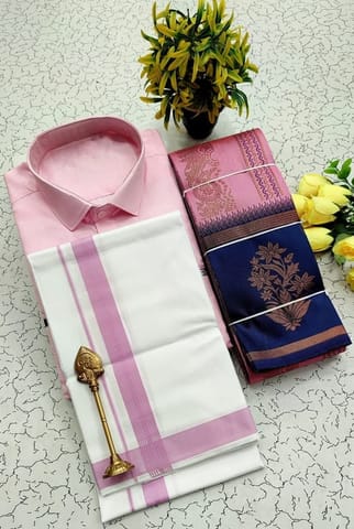 Elite Bridal Pick & Pick Fancy Kupera Silk Sarees & Cotton Shirt With Silk Cotton Dothi Matching Set - Pink