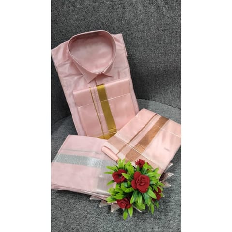 Premium Aasha Pattu (Shirt-Dhoti) - Peach