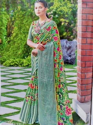 Linen Hand Paint With Silver Border Saree