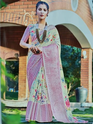 Linen Hand Paint With Silver Border Saree