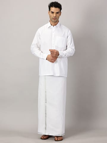 Men�s Full Sleeve Shirt Cotton & Dhoti Silver Zari - Combo Set [White] Complimentary: Hankie, Pocket Perfume, Key Chain