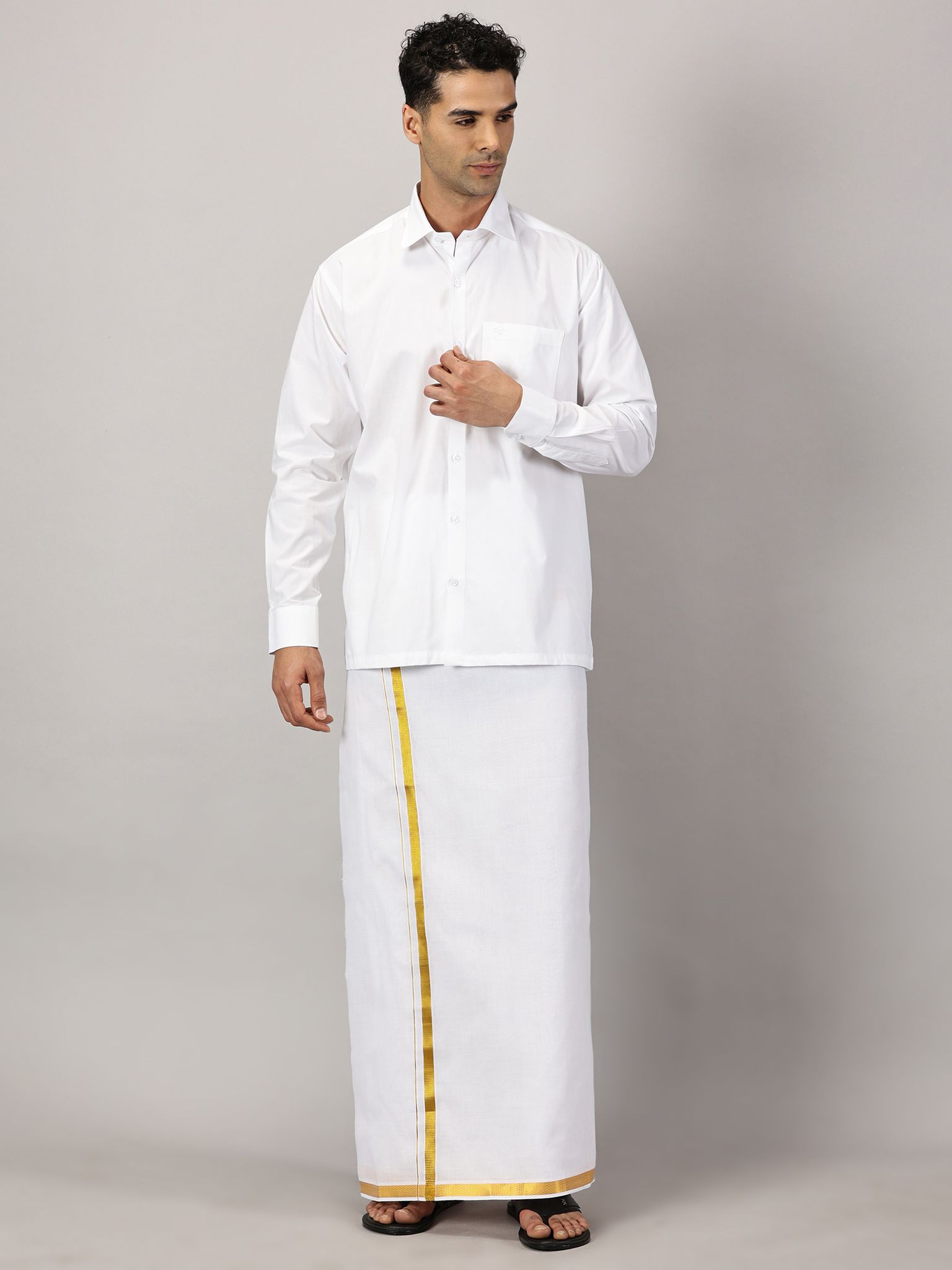 Men�s Full Sleeve Shirt Cotton & Dhoti Gold Zari - Combo Set [White] Complimentary: Hankie, Pocket Perfume, Key Chain