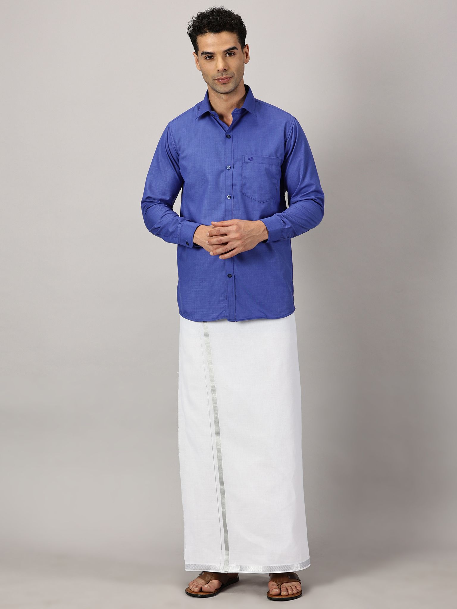 Men�s Full Sleeve Shirt Cotton & Dhoti Silver Zari - Combo Set [Cobalt] Complimentary: Hankie, Pocket Perfume, Key Chain