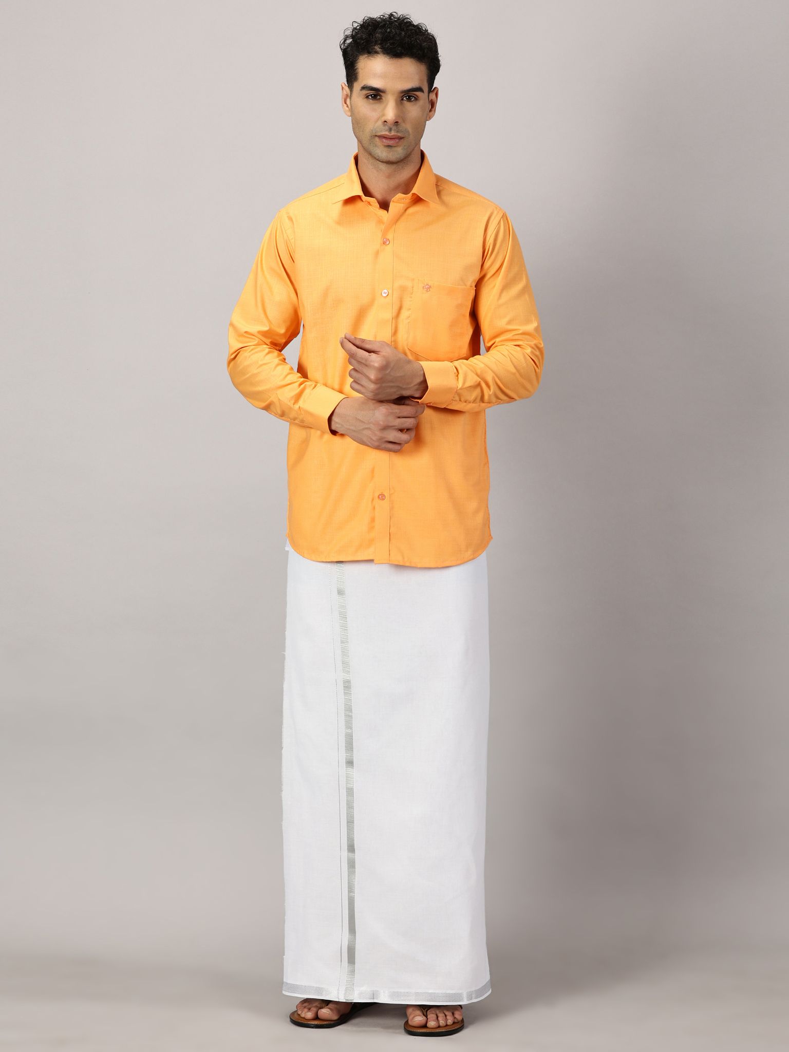 Men�s Full Sleeve Shirt Cotton& Dhoti Silver Zari - Combo Set [Saffron] Complimentary: Hankie, Pocket Perfume, Key Chain