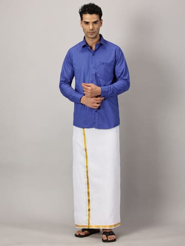 Men�s Full Sleeve Shirt Cotton & Dhoti Gold Zari - Combo Set [Cobalt] Complimentary: Hankie, Pocket Perfume, Key Chain