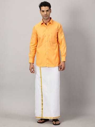 Men�s Full Sleeve Shirt Cotton & Dhoti Gold Zari - Combo Set [Saffron] Complimentary: Hankie, Pocket Perfume, Key Chain